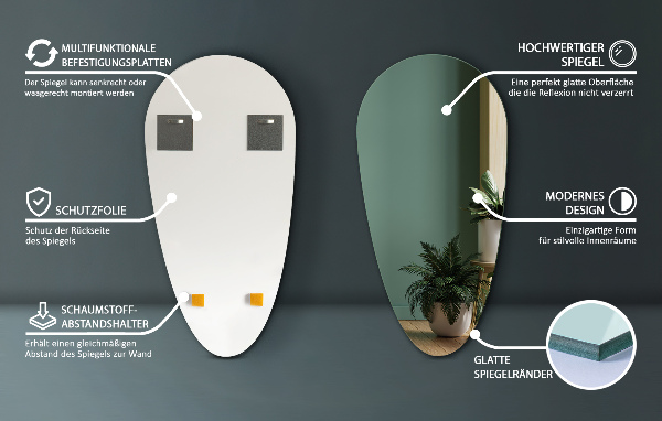 Spiegel tropfenform ohne rahmen 35x70 cm
