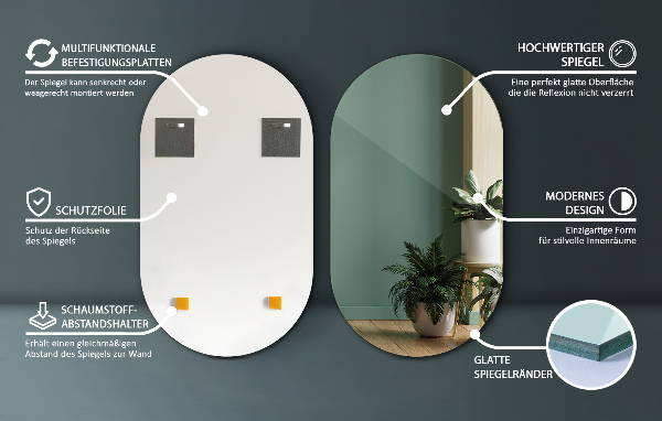 Großer spiegel oval ohne rahmen 52x90 cm
