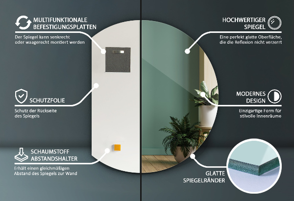 Runder spiegel abgeschnitten 70x80 cm