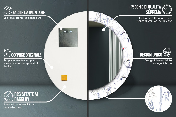 Runder spiegel mit dekoration Krane Vögel