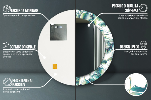 Runder spiegel mit dekorativem aufdruck Blätter