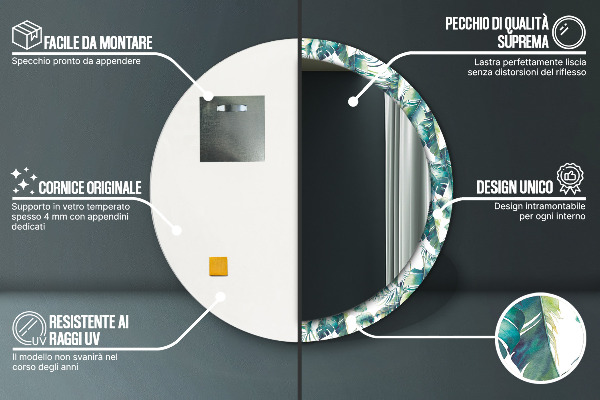 Runder spiegel mit dekorativem aufdruck Blätter