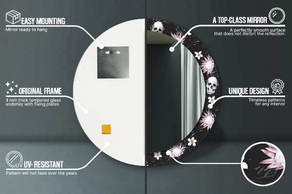 Runder spiegel aufdruck Schädelblumen