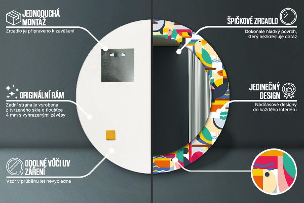 Runder spiegel mit dekorativem aufdruck Geometrische tropische Vögel