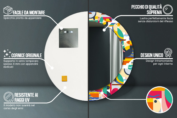 Runder spiegel mit dekorativem aufdruck Geometrische tropische Vögel