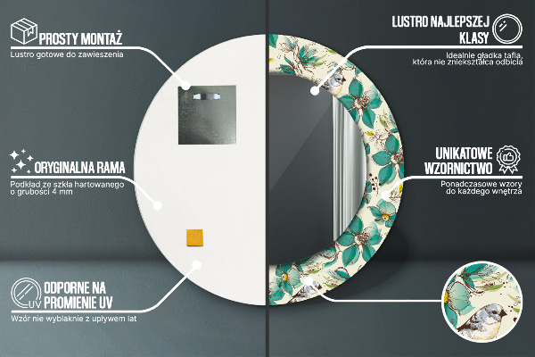 Runder spiegel bedrucktem rahmen Blumen und Vögel