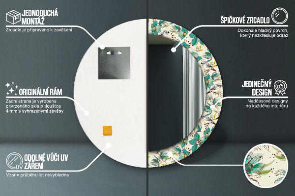 Runder spiegel bedrucktem rahmen Blumen und Vögel