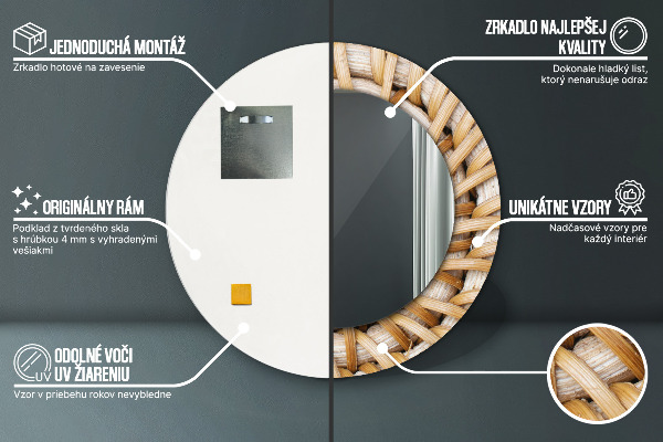 Runder spiegel bedrucktem rahmen Natürliches Geflecht