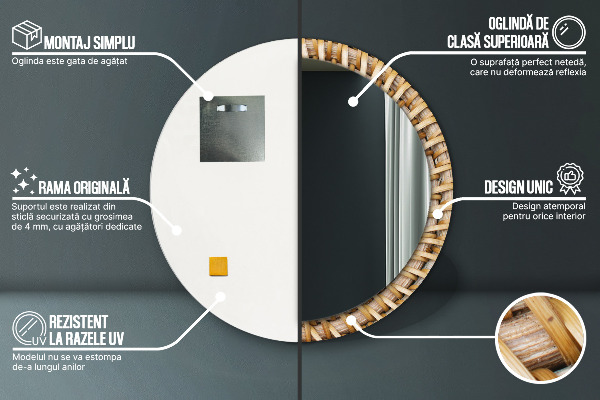 Runder spiegel bedrucktem rahmen Natürliches Geflecht