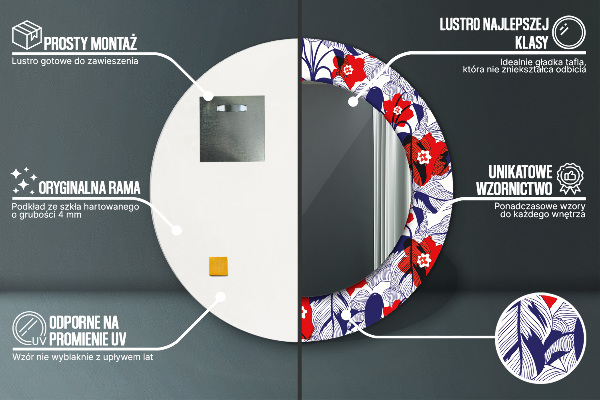 Runder spiegel mit dekorativem aufdruck Filodendron und rote Blüten