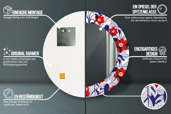 Runder spiegel mit dekorativem aufdruck Filodendron und rote Blüten