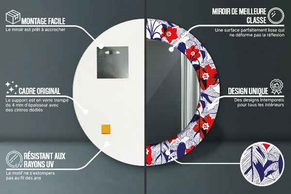 Runder spiegel mit dekorativem aufdruck Filodendron und rote Blüten