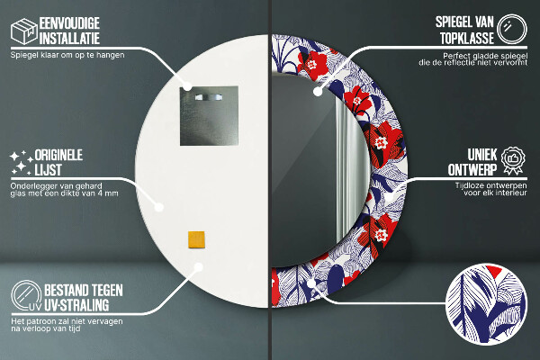 Runder spiegel mit dekorativem aufdruck Filodendron und rote Blüten