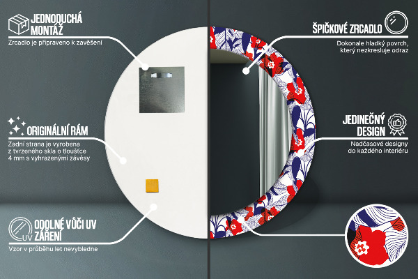 Runder spiegel mit dekorativem aufdruck Filodendron und rote Blüten