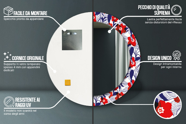 Runder spiegel mit dekorativem aufdruck Filodendron und rote Blüten