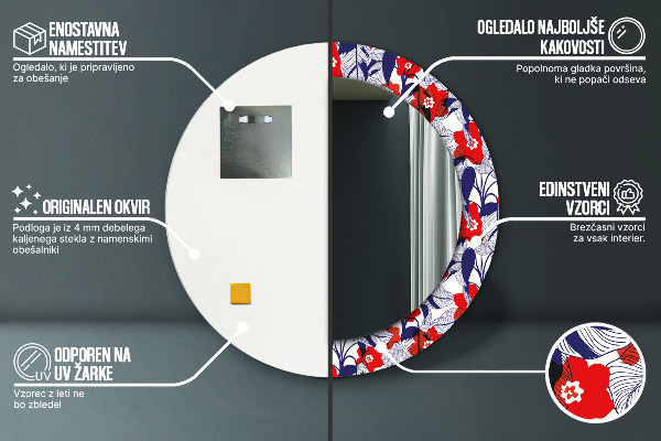 Runder spiegel mit dekorativem aufdruck Filodendron und rote Blüten