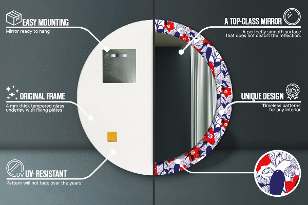 Runder spiegel mit dekorativem aufdruck Filodendron und rote Blüten