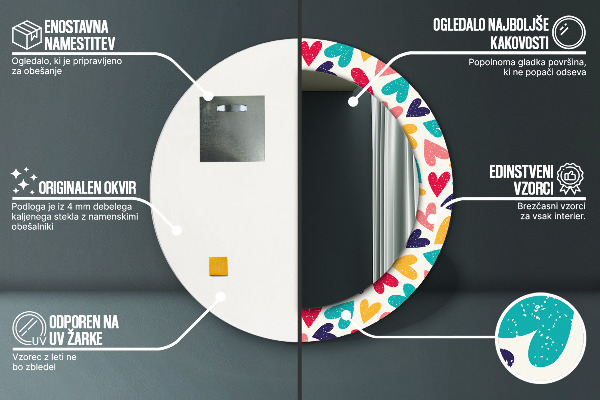 Runder spiegel mit dekorativem aufdruck Farbenfrohe Herzen