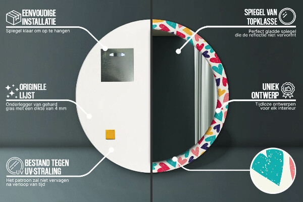 Runder spiegel mit dekorativem aufdruck Farbenfrohe Herzen