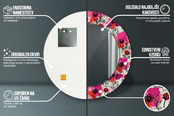 Runder spiegel aufdruck Rosa Mohnblumen