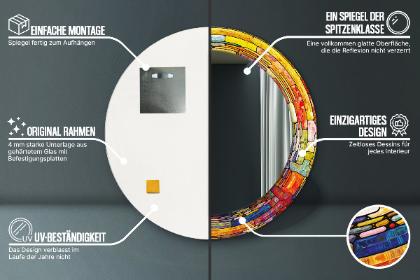 Runder spiegel mit dekorativem aufdruck Farbenfrohes Glasfenster