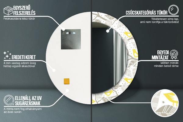 Runder spiegel bedrucktem rahmen Gelbe Vögel auf Zweigen