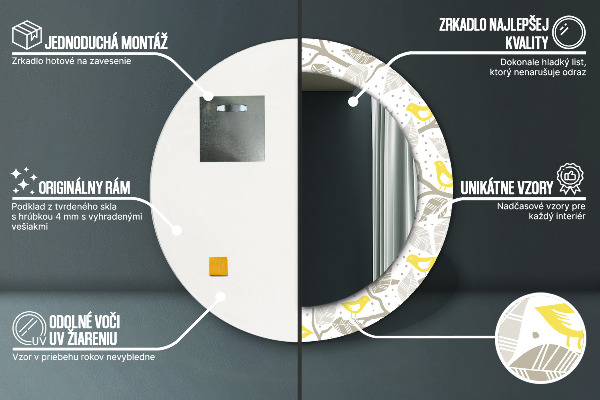 Runder spiegel bedrucktem rahmen Gelbe Vögel auf Zweigen