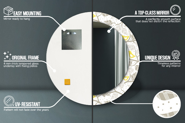 Runder spiegel bedrucktem rahmen Gelbe Vögel auf Zweigen