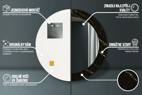 Runder spiegel bedrucktem rahmen Schwarzer Marmor