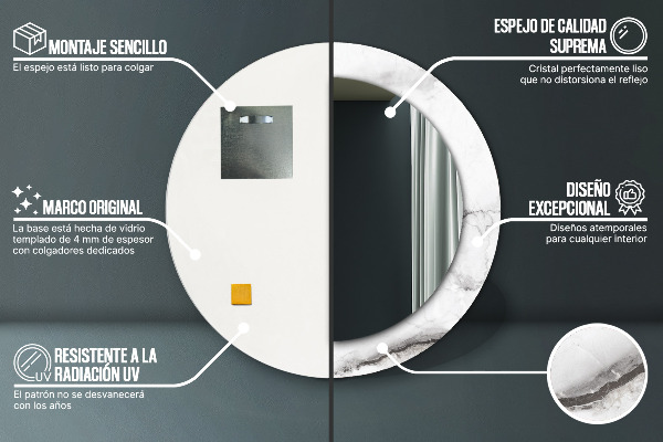 Runder spiegel mit dekorativem aufdruck weisser Marmor