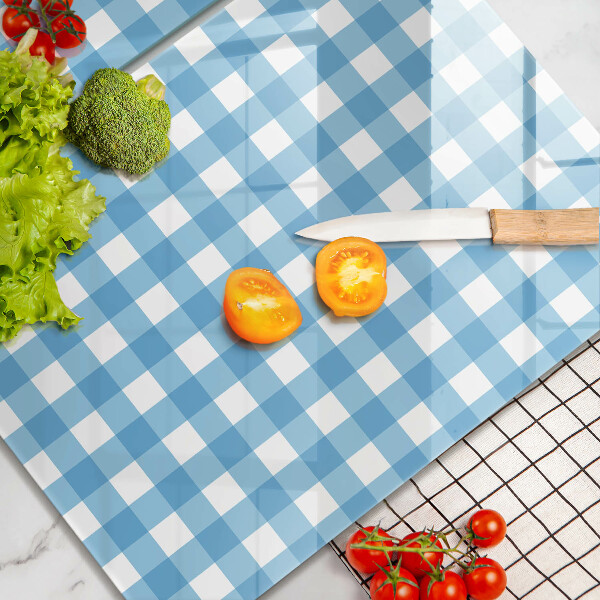 Herdabdeckplatte glas Blau-weißes Karomuster