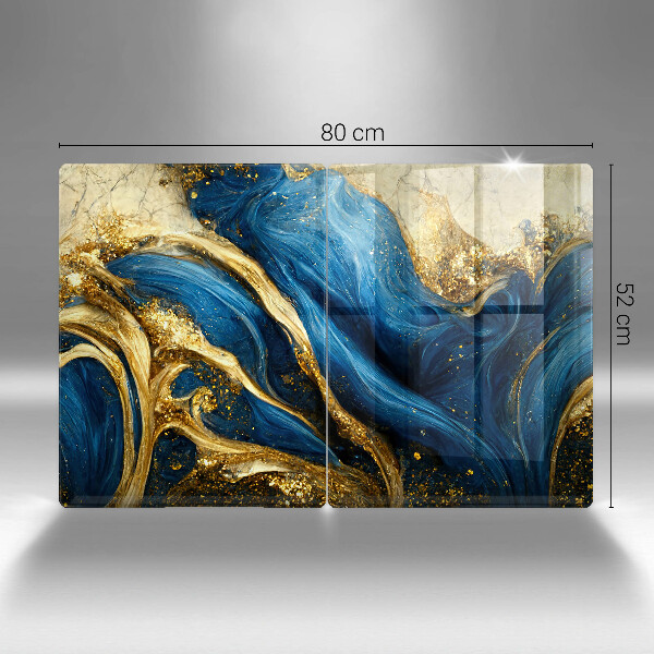 Herdabdeckplatte glas Blauer und goldener Marmor