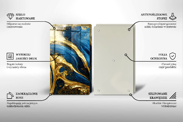 Herdabdeckplatte glas Blauer und goldener Marmor