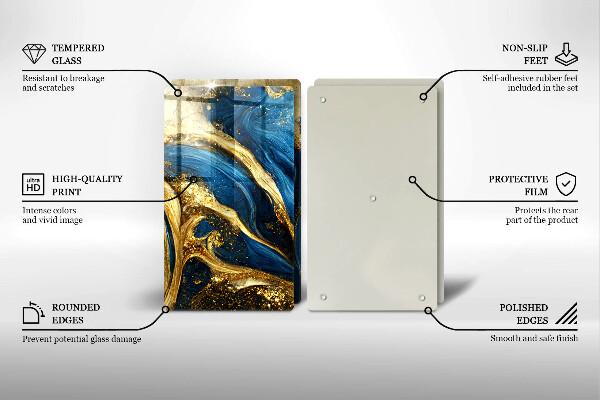 Herdabdeckplatte glas Blauer und goldener Marmor