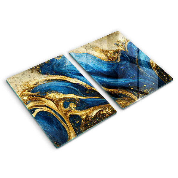 Herdabdeckplatte glas Blauer und goldener Marmor