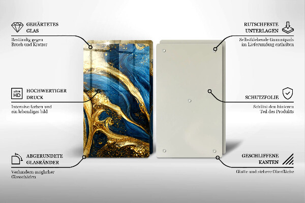 Herdabdeckplatte glas Blauer und goldener Marmor