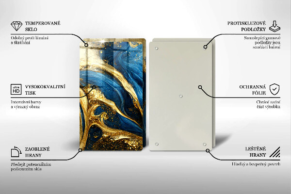 Herdabdeckplatte glas Blauer und goldener Marmor