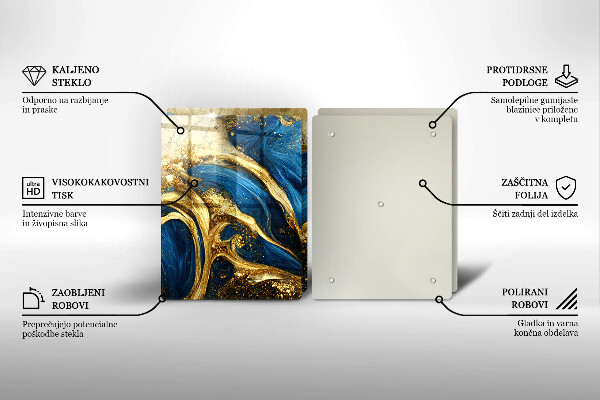 Herdabdeckplatte glas Blauer und goldener Marmor
