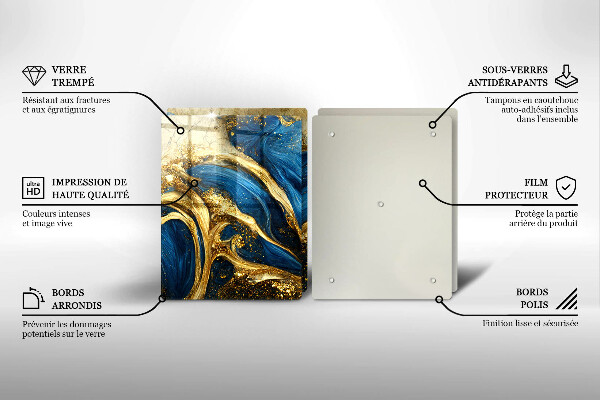 Herdabdeckplatte glas Blauer und goldener Marmor