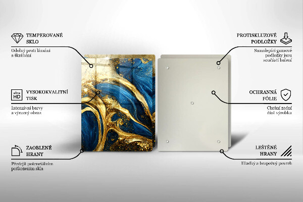 Herdabdeckplatte glas Blauer und goldener Marmor