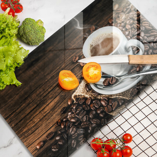 Herdabdeckplatte glas Tasse und Kaffeebohnen