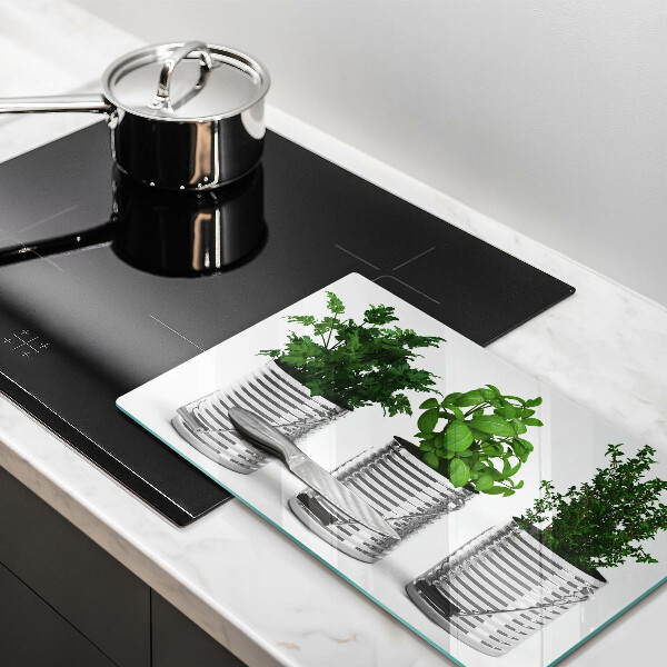 Herdabdeckplatte glas Töpfe mit Kräuterpflanzen