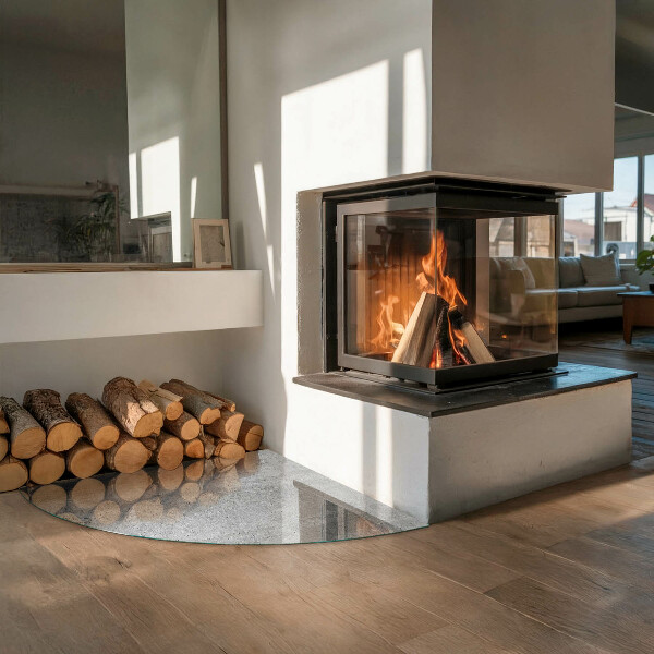 Glasplatte unter Kaminöfen Rohbetonstruktur