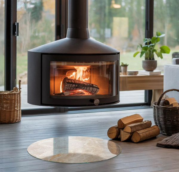 Runde Glasplatte für Kaminöfen Natursteinmuster