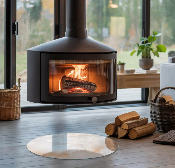 Runde Glasplatte für Kaminöfen Natursteinmuster