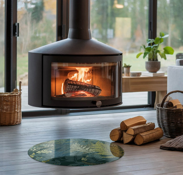 Runde Glasplatte für Kaminöfen Pflanzenmotive mit Schmetterlingen