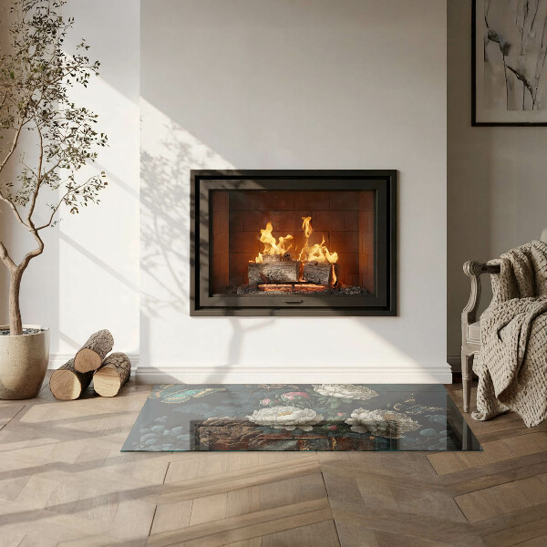 Rechteckige Glasplatte für Kamin Blumenmuster mit Schmetterlingen