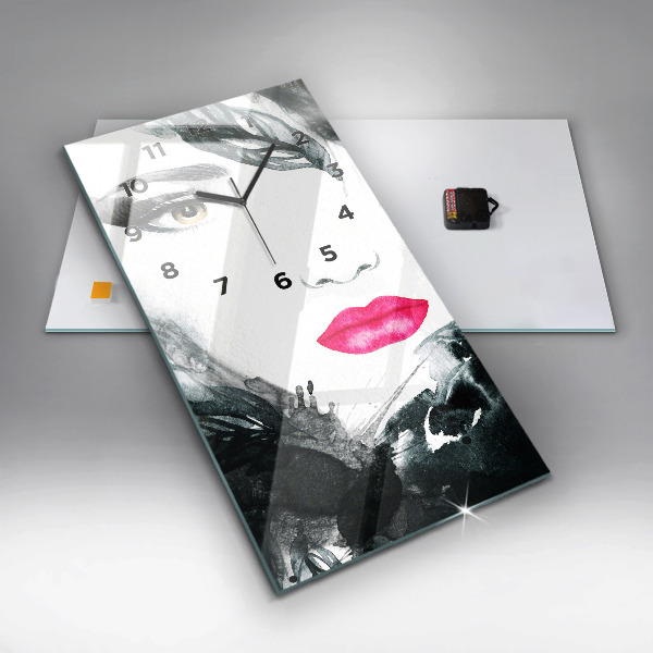 Vertikale Uhr mit motiv Porträt einer Frau mit roten Lippen