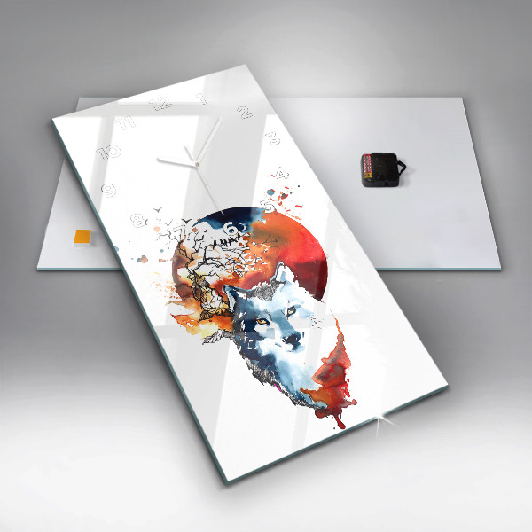 Vertikale Uhr Wolf und Vollmond