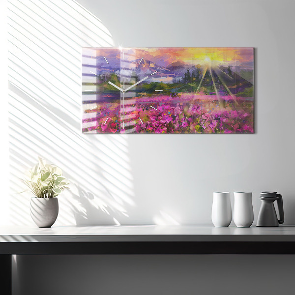 Horizontale Uhr mit motiv Wiese im Sonnenuntergang